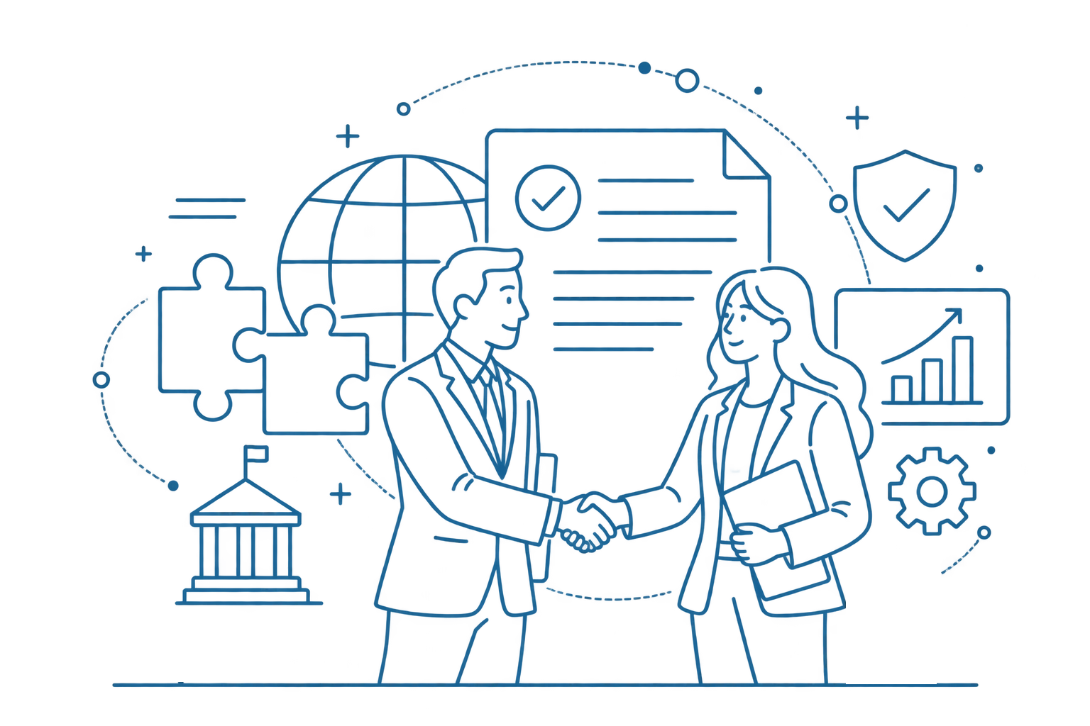 Illustration of Advanced GRC and a government agency shaking hands, surrounded by licensing, compliance and case management icons