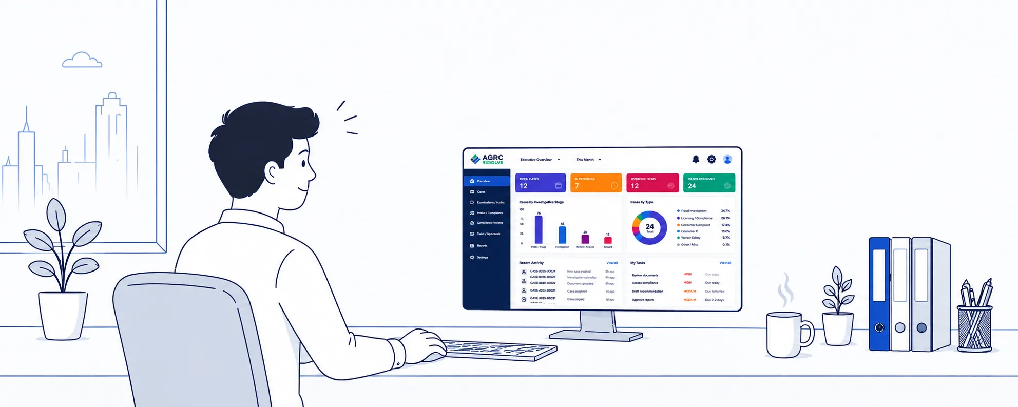 Government staff member reviewing the Resolve case management dashboard with AI-assisted case tracking, case types and recent activity