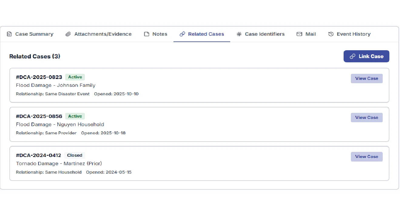 Resolve investigation case management software showing related cases linked to a disaster damage case