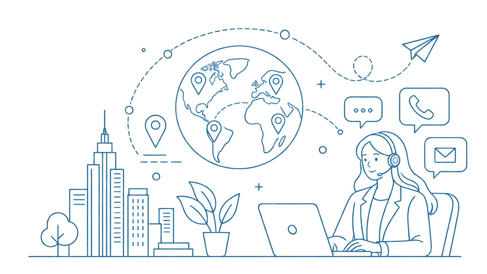 Illustration of an Advanced GRC support representative helping government customers around the world by phone, chat and email