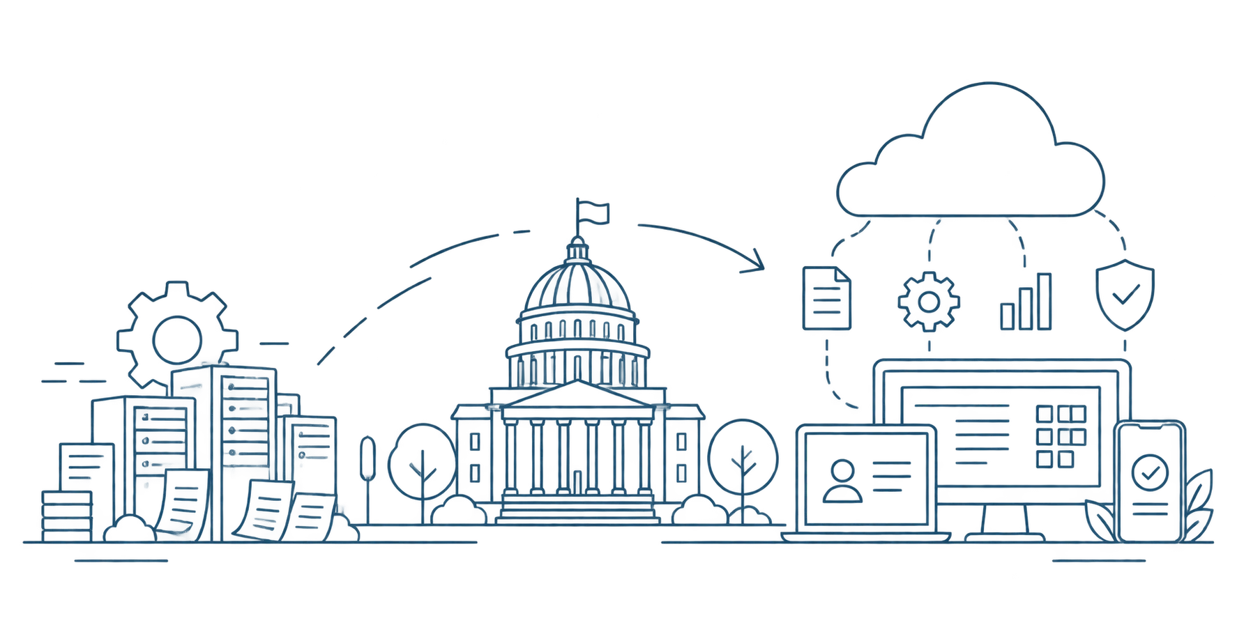 Illustration of legacy government systems migrating to a secure cloud-based licensing and case management platform