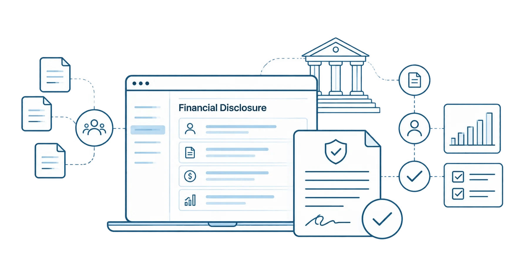 Illustration of FDS financial disclosure software: officials submit filings online, which flow through agency review and approval with signed, verified disclosure records and reporting