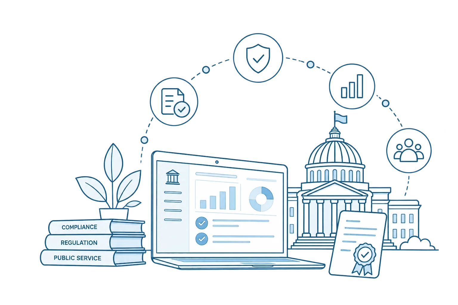 Illustration of a state capitol with compliance, regulation and public service books, a licensing dashboard and an approved certificate