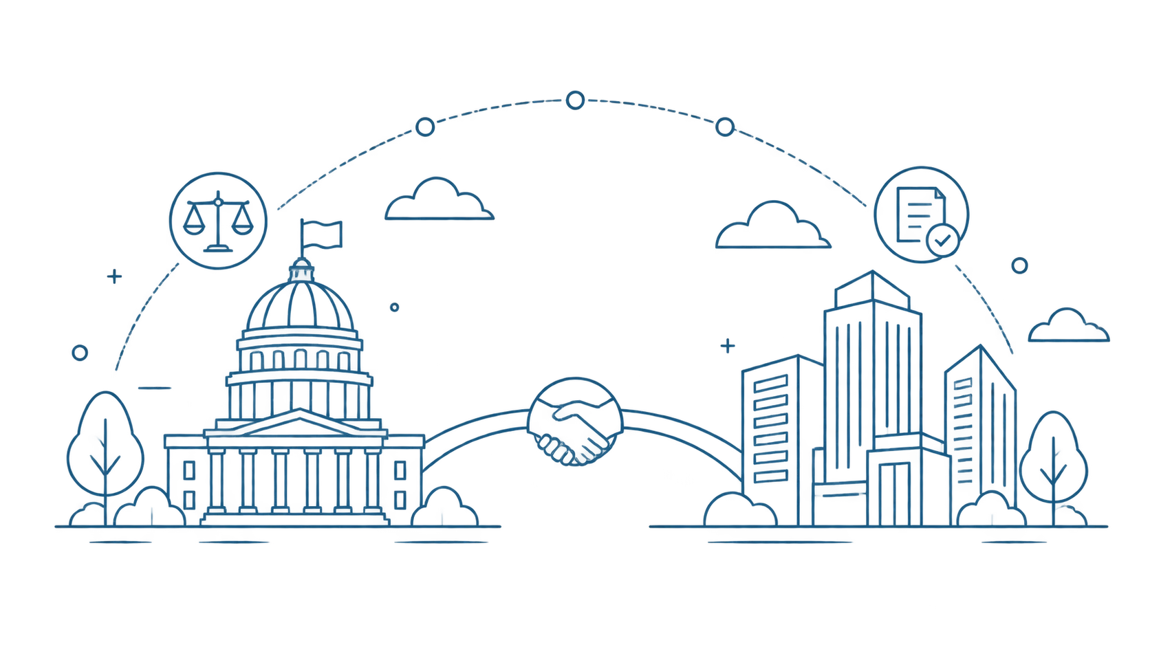 Illustration of a state capitol and business buildings joined by a handshake, representing Advanced GRC's partnerships with government agencies