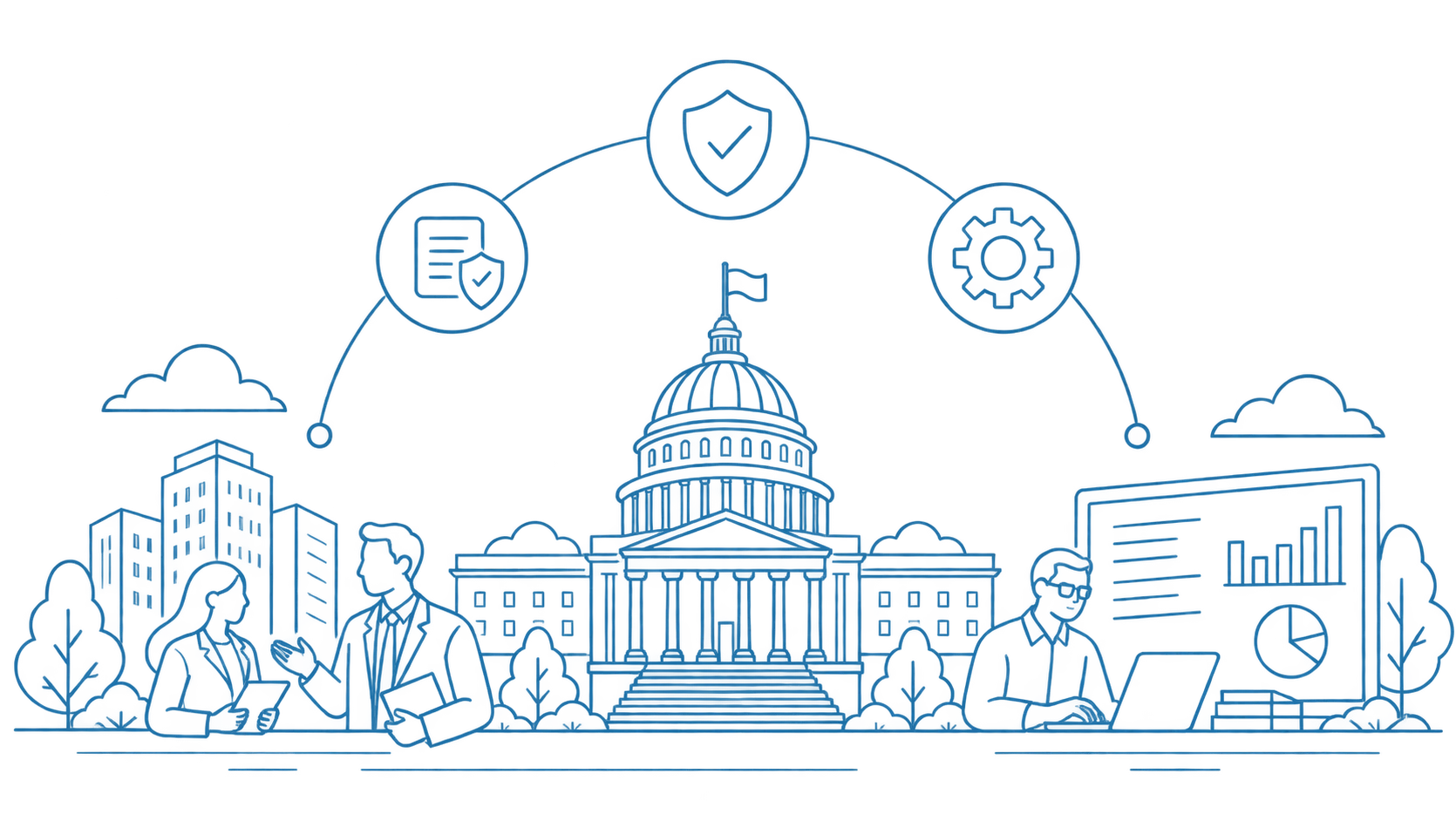 Illustration of government compliance teams working in front of a state capitol, with regulatory document, security and analytics icons