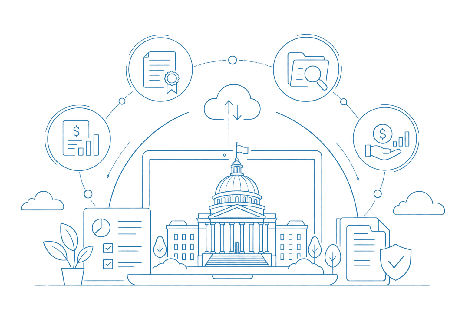 Illustration of a state capitol surrounded by cloud, licensing, document search and financial icons, representing Advanced GRC's government software platforms
