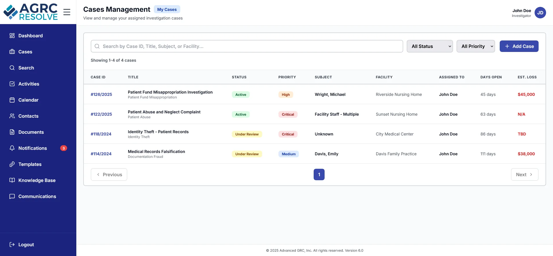 Resolve case management software listing active investigations by status, priority, subject, facility and assigned investigator